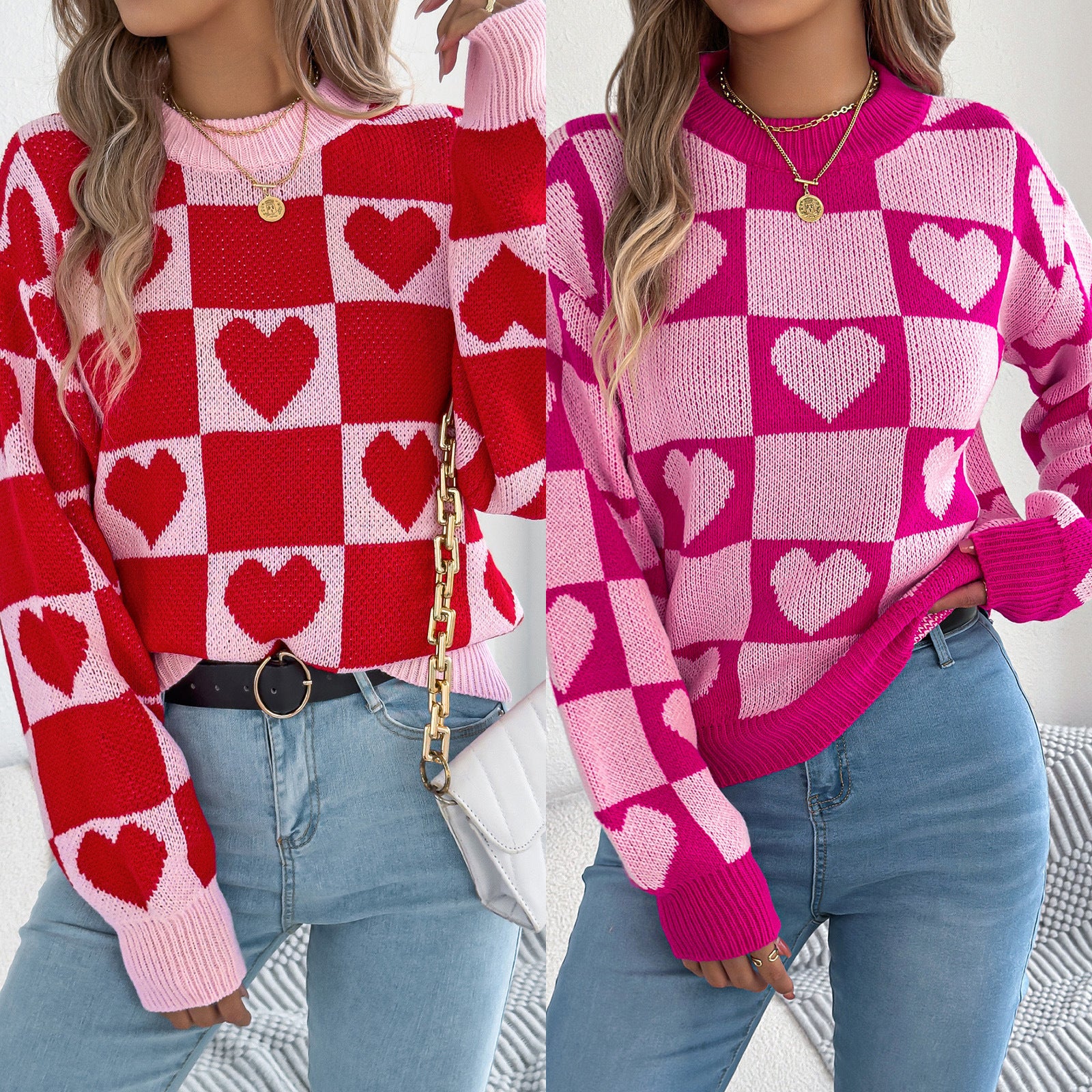 Women's Love Plaid Lantern Long Sleeve Pullover Sweater