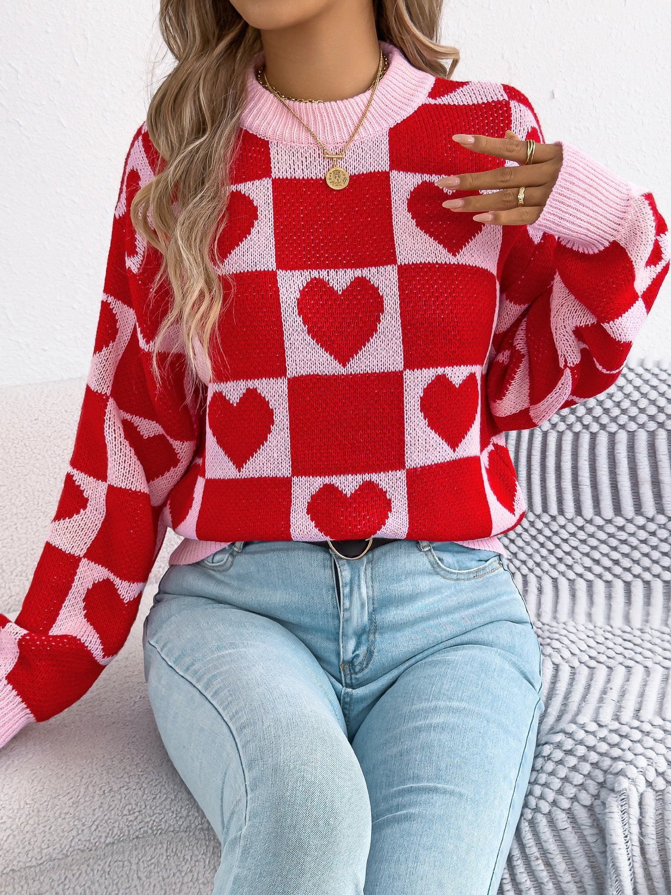 Women's Love Plaid Lantern Long Sleeve Pullover Sweater