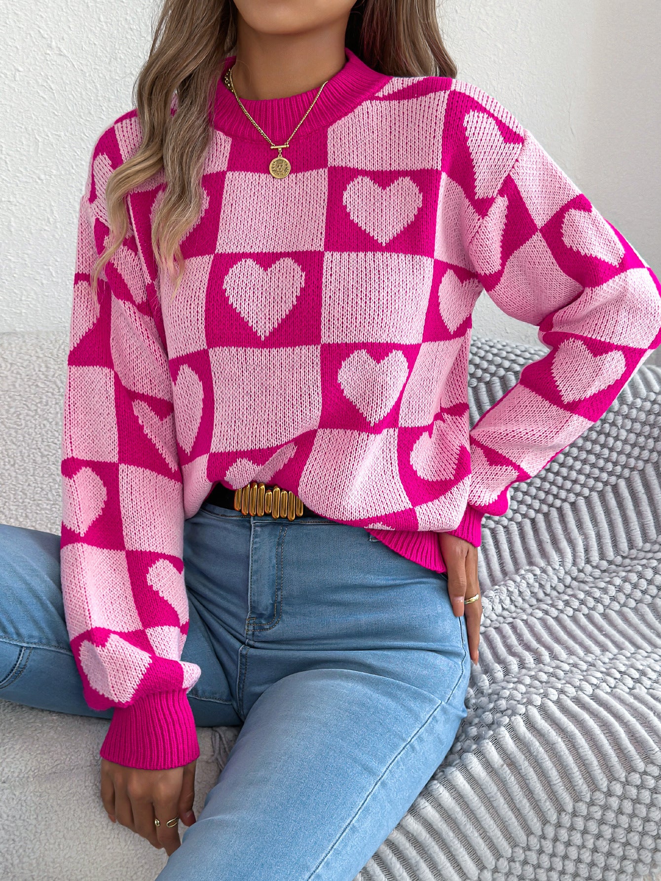 Women's Love Plaid Lantern Long Sleeve Pullover Sweater