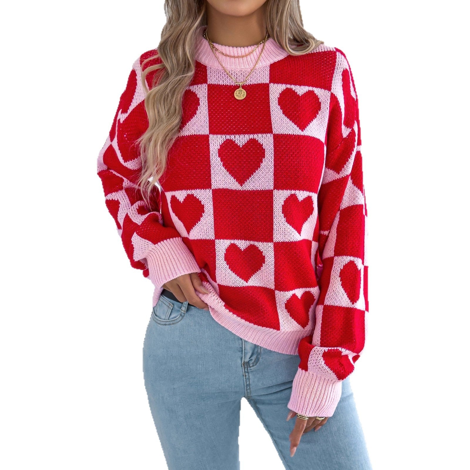Women's Love Plaid Lantern Long Sleeve Pullover Sweater