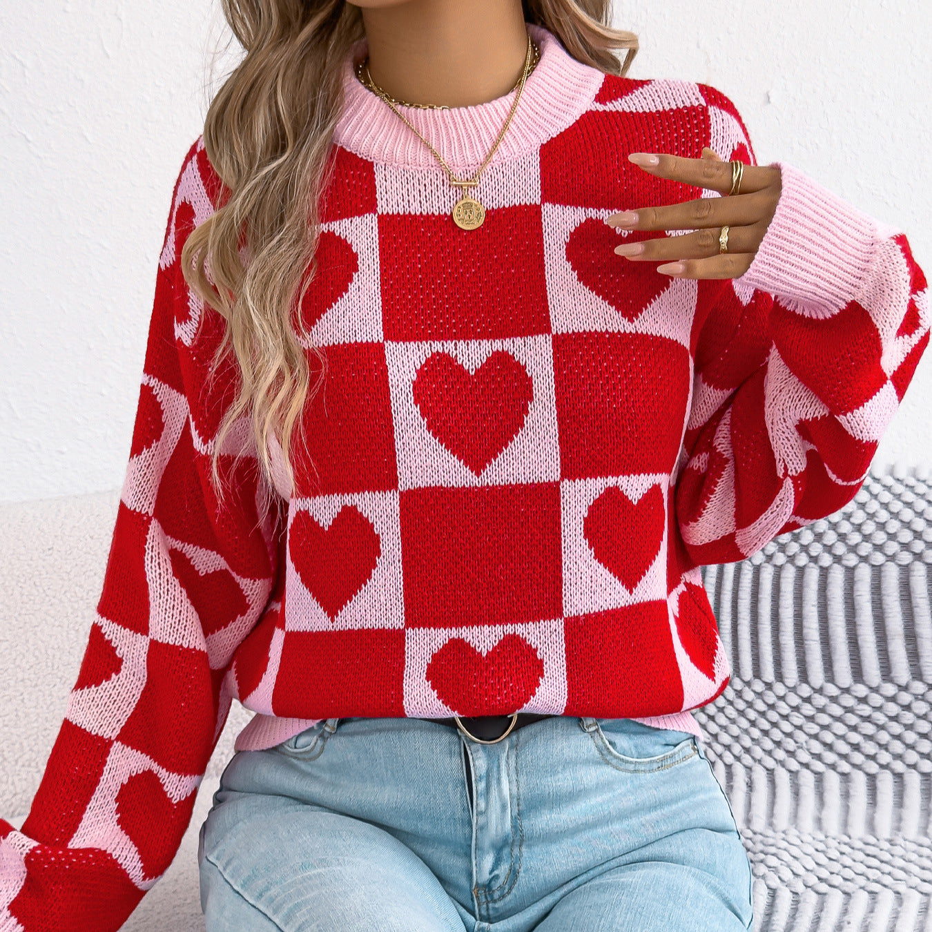 Women's Love Plaid Lantern Long Sleeve Pullover Sweater